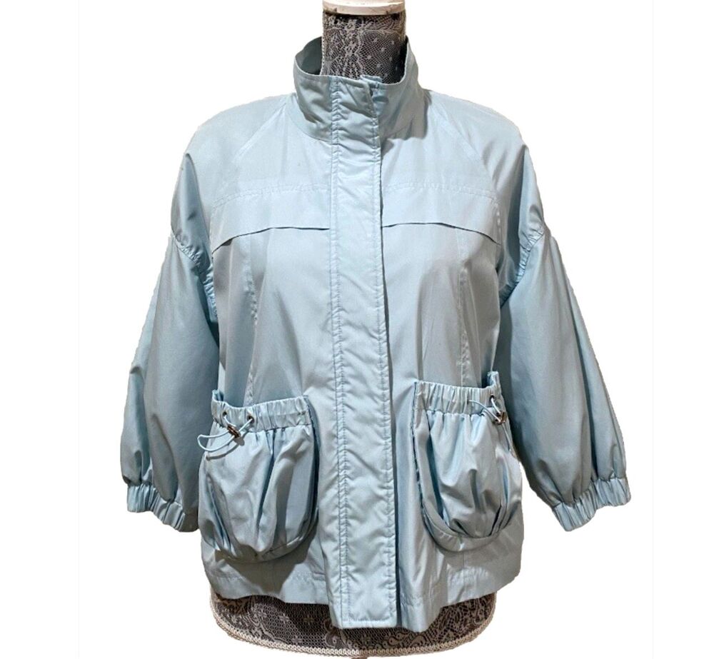 Mel & Lisa Womens 4 Blue Statement Coat Balloon Sleeve Full Zip Art Boho Jacket